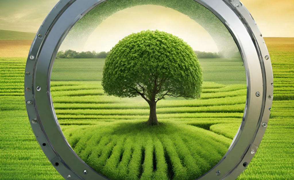 a huge spherical bearing with a tree in the middle and a background of grass field