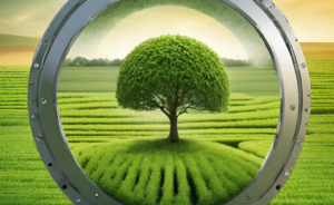 a huge spherical bearing with a tree in the middle and a background of grass field