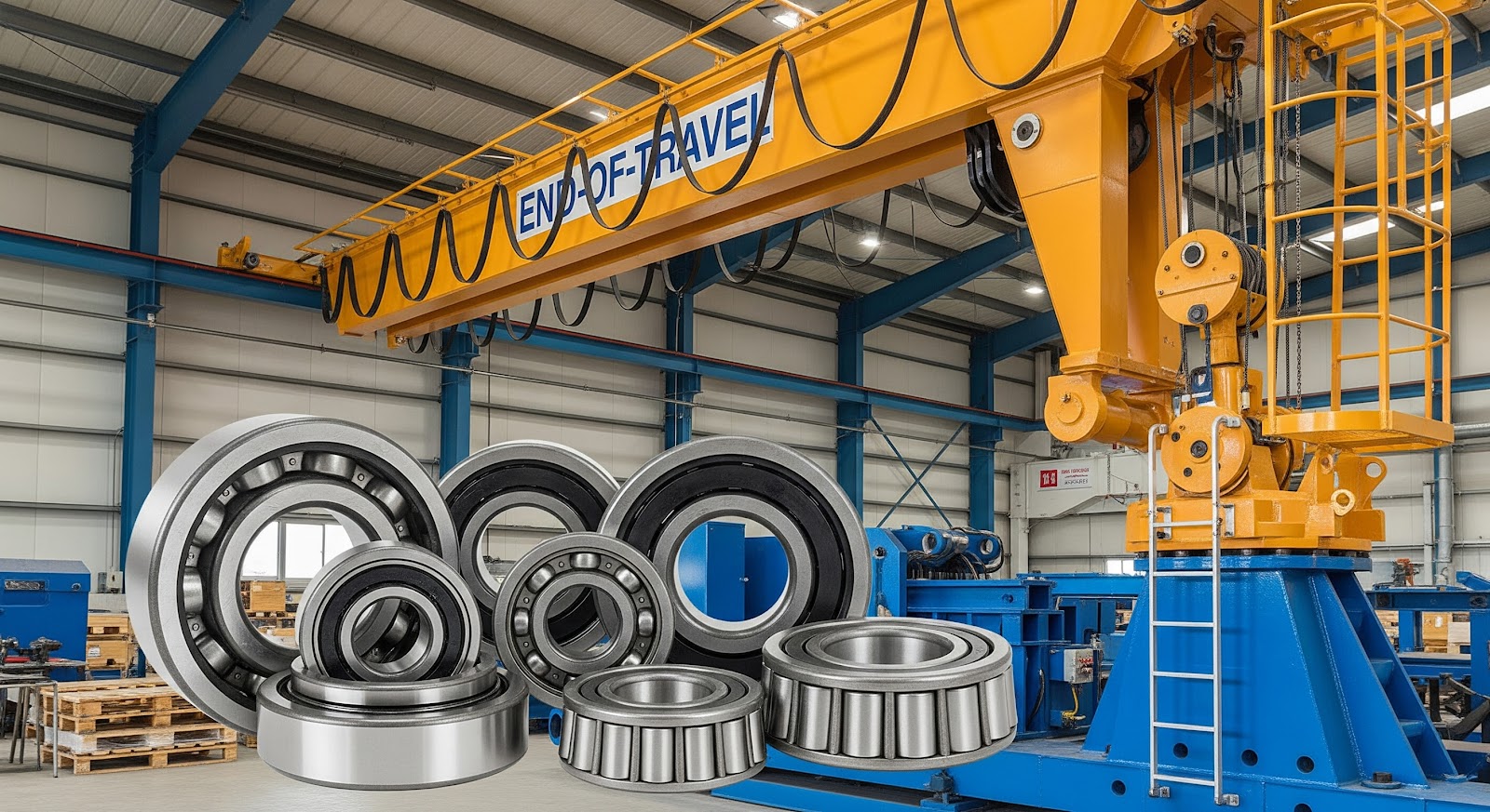 EOT crane standing with different bearings used in it are displayed
