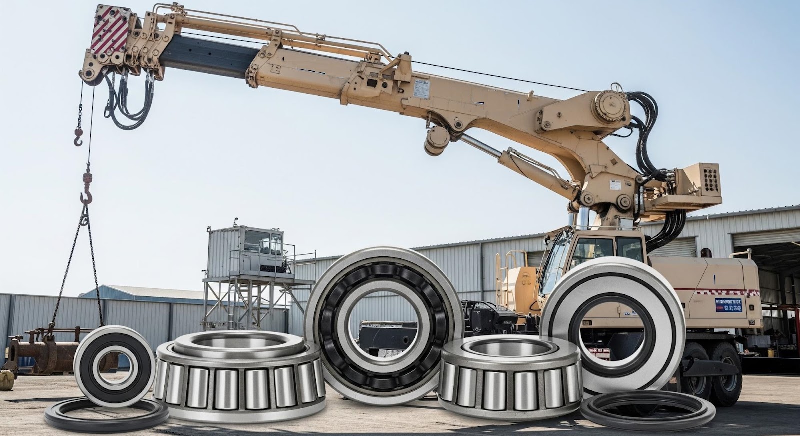 A hydra crane standing and bearings are displayed in front in this image